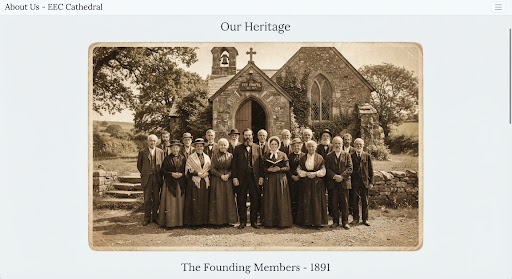 A beautifully lit, historic photograph of the original church founders standing proudly in front of a modest stone chapel. The image is sepia-toned, capturing a warm, nostalgic mood with soft sunlight illuminating their faces, highlighting a sense of enduring faith and community heritage.