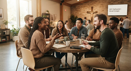 A candid photo of a diverse group of young adults engaged in an animated discussion during a small group session in a modern, warmly lit church fellowship hall. Soft, high-key lighting creates a welcoming atmosphere. Contemporary minimalistic style with earthy tones.