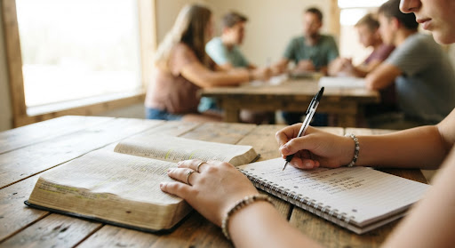 Close up of hands holding an open bible and taking notes during a youth group study. Bright, natural lighting spilling from a nearby window. Focus on the texture of the paper and the dedication of the study. Warm, serene mood.