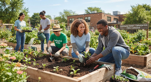 A group of young adults participating in a community service project outdoors, perhaps planting a community garden. Sunny day, bright and optimistic mood. Focus on teamwork and joyful service. Natural lighting.