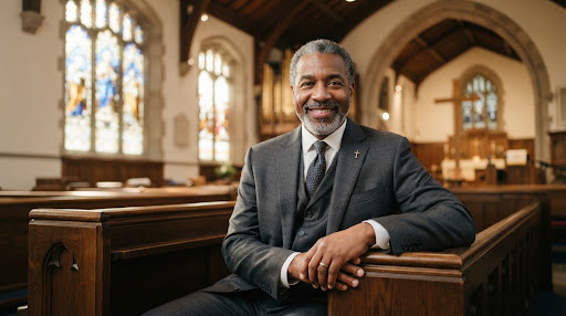 A dignified portrait of a senior pastor, late 50s, warm smile, wearing a tailored dark suit. Photographed in a well-lit sanctuary with soft natural light streaming through stained glass, creating a serene and authoritative atmosphere. Cinematic lighting, high resolution, professional photography.