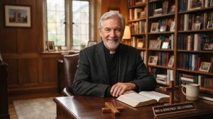 An older, distinguished male pastor with silver hair, offering a compassionate smile. Wearing clerical attire. Photographed in a cozy church office setting lined with books. Soft, warm lighting emphasizing wisdom and approachability.