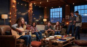 Teenagers gathered in a modern, slightly moody loft space with warm string lights, engaging in conversation and playing acoustic guitar, authentic youth group setting, deep rich colors.