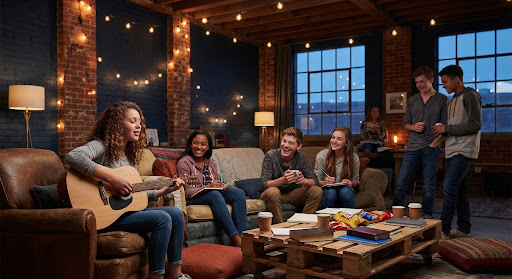 Teenagers gathered in a modern, slightly moody loft space with warm string lights, engaging in conversation and playing acoustic guitar, authentic youth group setting, deep rich colors.