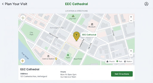 A stylized, minimalist map showing the location of EEC Cathedral in a fictional city setting. The map uses a light theme with subtle green and gold accents matching the brand colors. A prominent, elegant map pin marks the church's location.