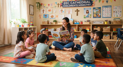 A vibrant, engaging children's ministry classroom. A teacher is sitting in a circle with a group of young children, holding an illustrated storybook. The room is colorful, bright, and safe, with soft lighting and educational toys in the background.