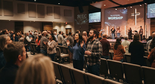 A candid shot inside the modern sanctuary during a worship service. People are standing, some with hands raised in worship, others looking attentively towards the stage. The lighting is warm and ambient, focusing on community and connection rather than a performance.