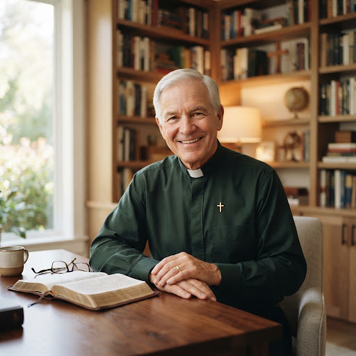 A distinguished older gentleman with silver hair, wearing a dark green clerical shirt with a white collar, smiling warmly in a bright, sunlit study with wooden bookshelves in the background. High-quality professional portrait, warm natural lighting, conveying wisdom and approachability. Contemporary minimalist aesthetic with classic accents.