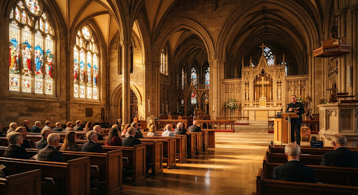 A wide shot of a beautiful, traditional cathedral interior bathed in warm, golden morning light streaming through tall stained glass windows. Rows of polished wooden pews lead up to an ornate altar area where a speaker is standing behind a modern wooden podium. High contrast, ethereal atmosphere, architectural geometry.