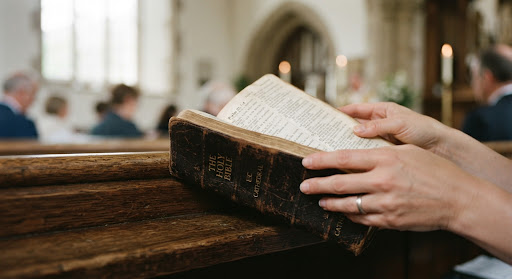 A close-up shot of hands holding an open, worn leather-bound Bible resting on a wooden pew. Soft, natural light falls across the pages, highlighting the texture of the paper and the deep grain of the wood. The background is softly blurred out, emphasizing a serene, contemplative mood. Contemporary minimalism with tactile elements.