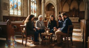 A serene morning prayer circle with soft, warm sunlight filtering through stained glass windows, casting colorful reflections on wooden pews. A small group of people sit closely, heads bowed. Light mode, contemporary classic aesthetic, deep greens and rich wood tones.