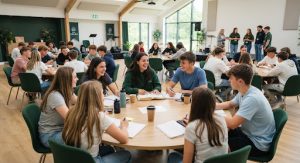 A vibrant youth group gathering in a modern church hall. Teenagers engaged in lively discussion around circular tables with notebooks and bibles open. Bright, airy lighting, light mode aesthetic, energetic atmosphere with subtle deep green accents in the decor.