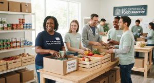 Volunteers sorting canned goods and fresh produce in a bright, clean food pantry setting. People smiling and working together. Soft, welcoming light mode aesthetic, emphasizing community service, crisp whites, and natural green tones.